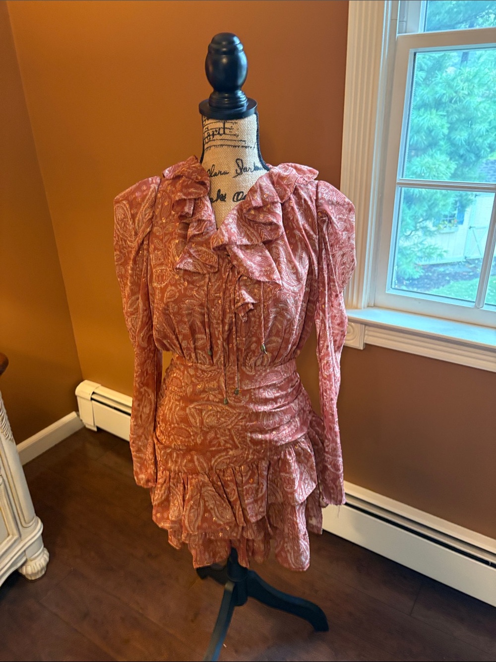 Ruffled Paisley Long-Sleeve Mini Dress in Dusty Rose